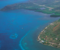 Panormica de la baha Maracaibo en la isla Providencia. En la franja litoral se observan parches coralinos, praderas de fanergamas y la zona de manglar ms extensa de todo el archipilago, que forman parte del Parque Nacional Natural Old Providence