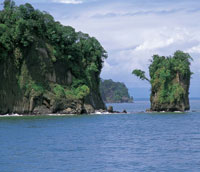 Los islotes rocosos y los acantilados son caractersticos del centro y norte de la costa Pacfica colombiana. Ensenada El Tigre, entre Buenaventura y baha Mlaga.