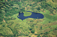 En las zonas planas y onduladas de la llanura del valle del Magdalena, cerca de Barrancabermeja, la vegetacin natural se entremezcla con la ganadera intensiva y los cultivos a gran escala.