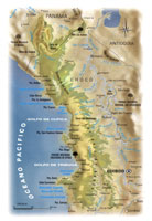 La serrana del Baud-Los Saltos, al parecer el relicto de una cuarta cordillera conocida como la del Pacfico, es la ms larga del pas, con una longitud aproximada de 400 kmm